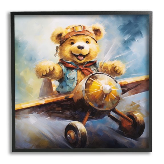 Stupell Industries Pilot Bear with Airplane Animals & Insects Painting Black Framed Art Print Wall Art, 12 x 12