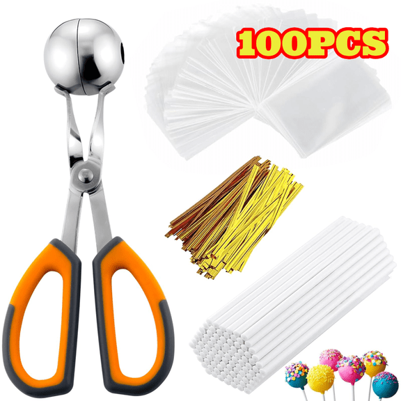 100pcs Cake Pop Sticks with 100 Clear Treat Bags & 100 Gold Twist Ties, Cake Pop Maker Kit for Lollipop, Candy, Chocolate, Cookie