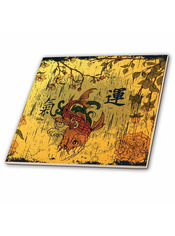3dRose A Orange and Red Oriental Fish With Oriental Writing Meaning Luck and Energy - Ceramic Tile, 12-inch