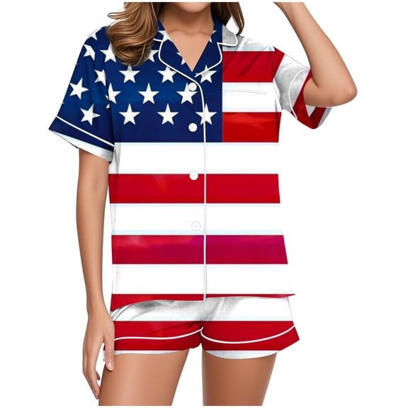 Tnhcen Breathable Summer Pajama Set for Women Button Down Short Sleeve Top Lounge Shorts Patriotic Homewear​ S-2XL