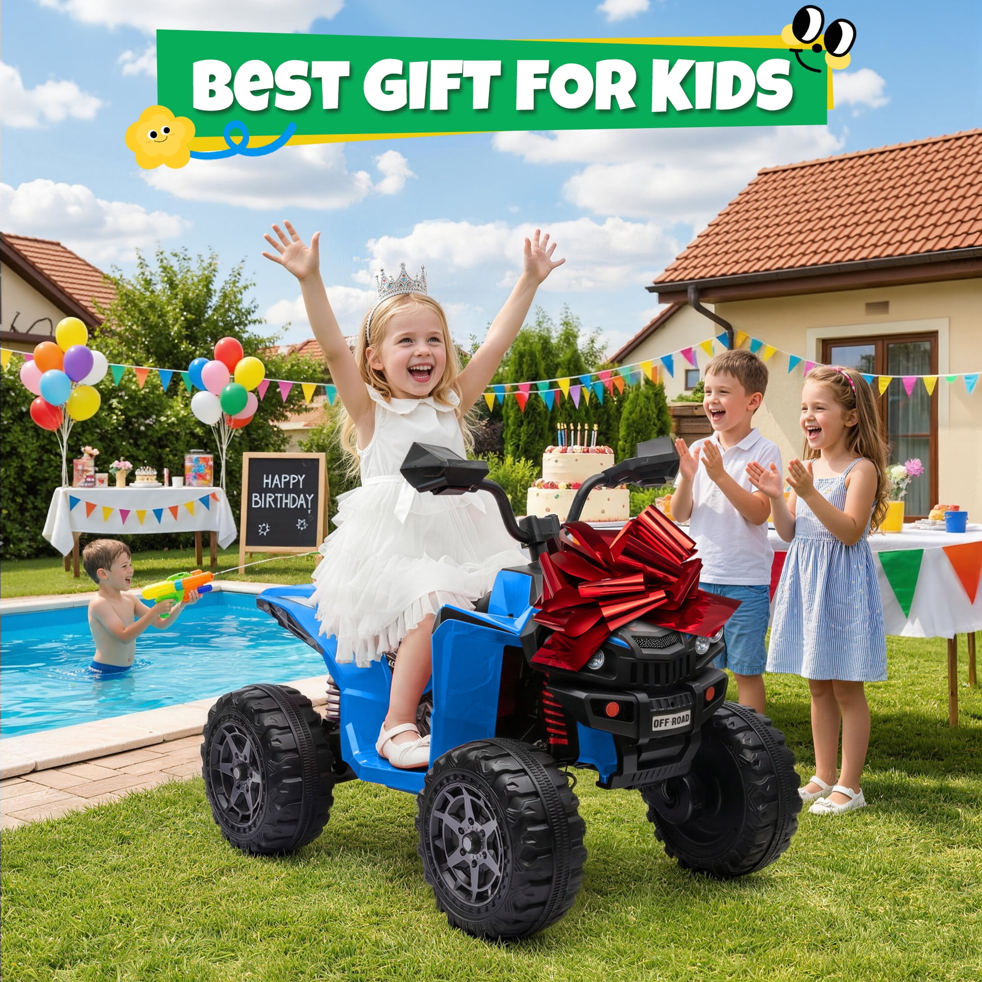 24V Kids Ride On ATV for Ages 3-8, 4WD Electric Quad with 4 Motors, Bluetooth Music, LED Lights, Spring Suspension, 3-5 km/h, 110 lbs Capacity, Battery Powered Toy for Boys Girls, Blue