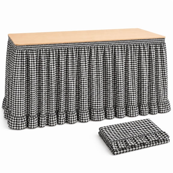 Gingham Desk Skirt, 6ft Ruffled Checkered Table Cover with Hook and Loop Fasteners for Teacher Desks, Parties and Display Tables