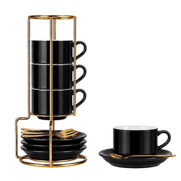 Unique Bargains 4 Set Espresso Cups Stackable with Saucers Black 3 oz