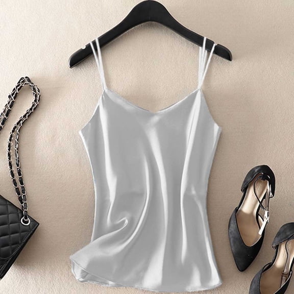 Hxshgdsn Women Satin Spaghetti Strap Vest Sleeveless Skinny Tank Top Fashion Outfit Silver Xl