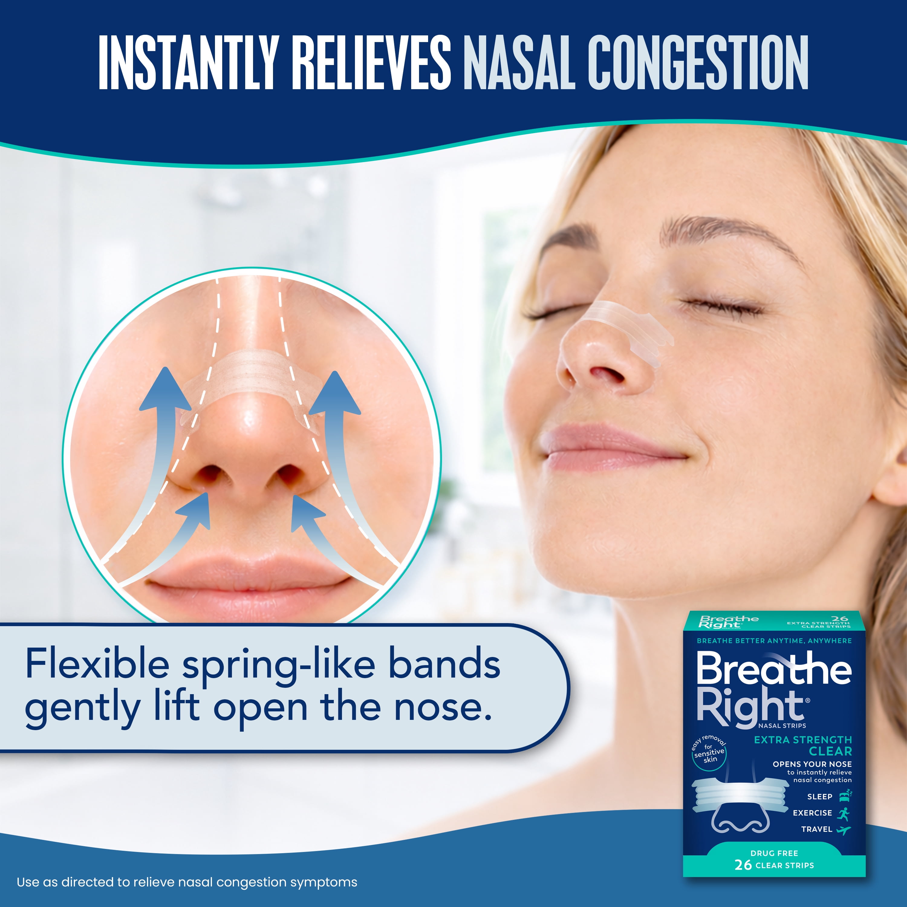 Breathe Right Nasal Strips, Clear Nasal Strips, Extra Strength, For Sensitive Skin, 26 Count