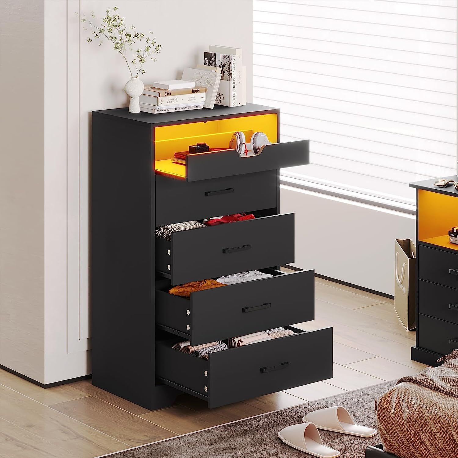 Dresser with LED Lights, Tall Dresser with 4 Drawers and PullOut Tray