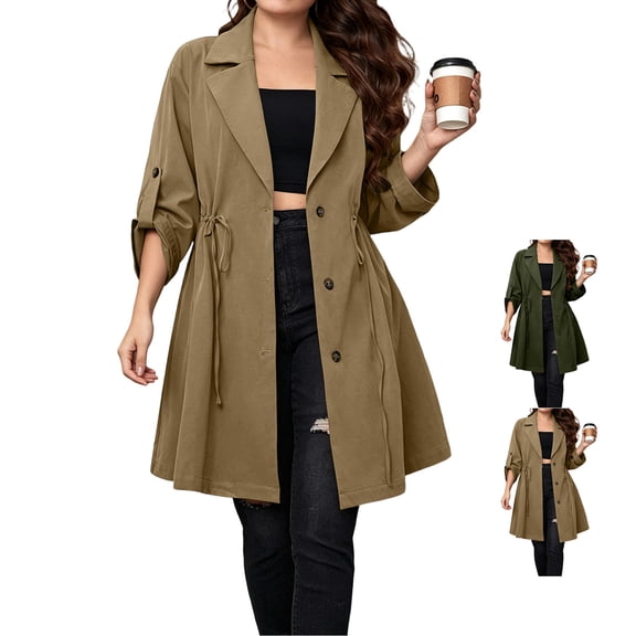 TGSLY Women's Long Trench Coat Lightweight Notched Lapel Roll Tab Long Sleeve Jacket Dressy Single Breasted Button Side Drawstring Waist Solid Color Fall Outerwear XXXXL