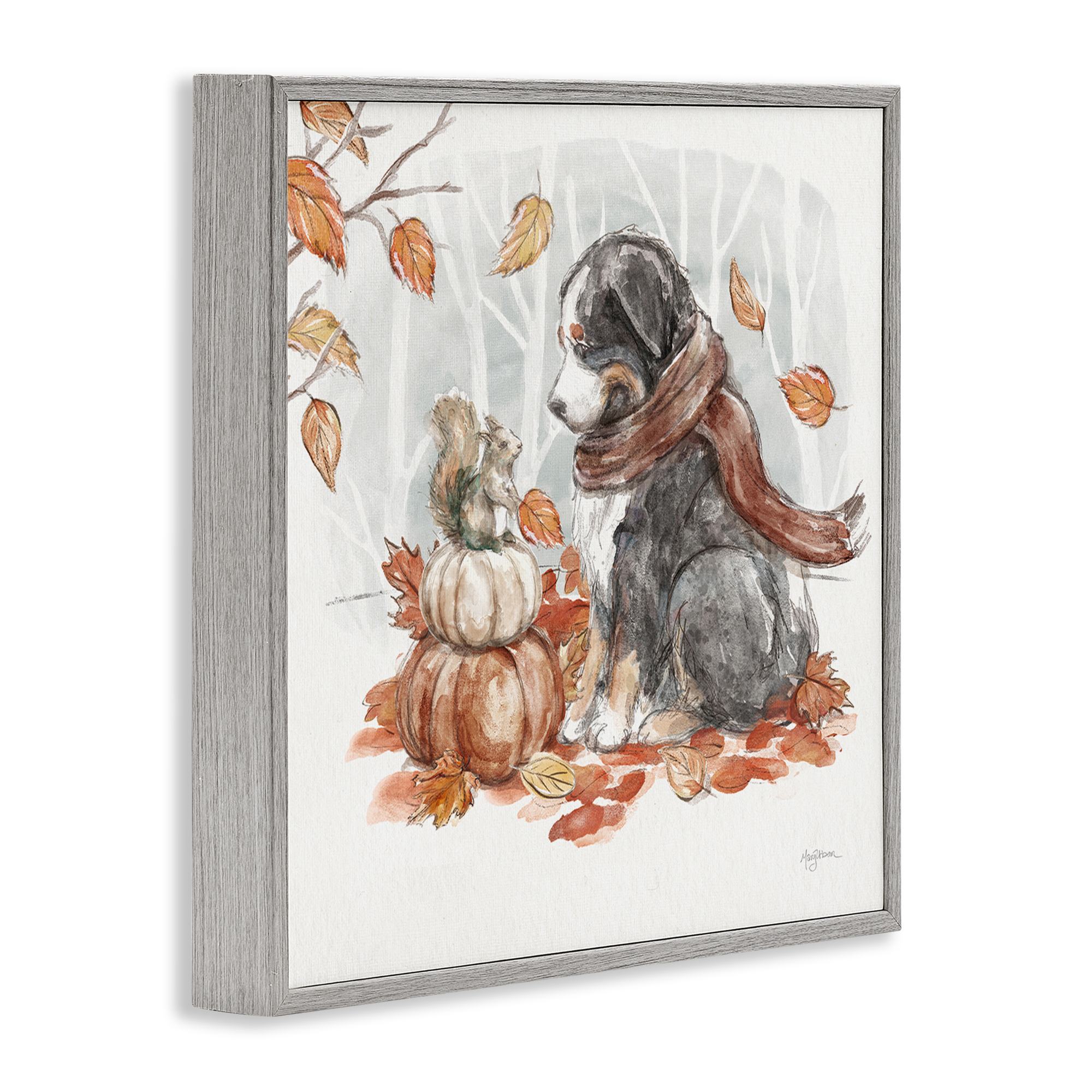 Stupell Industries Dog & Fall Pumpkins Holiday Painting Gray Framed Art Prints Wall Art, 12 x 12