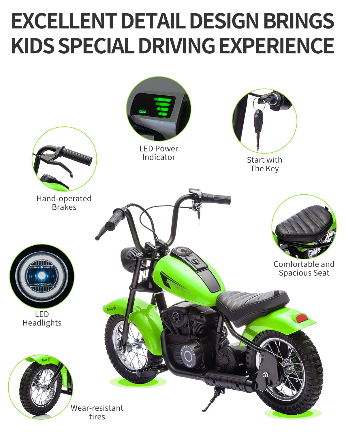 24V Electric Dirt Bike for Kids, 2 Speed Max Up to 14 Mph & 60 Minutes Continuous Electric Motorcycle  with Led Lights, Leather Seat, Handbrake for Big Kids Teen, Ideal Christmas Gifts