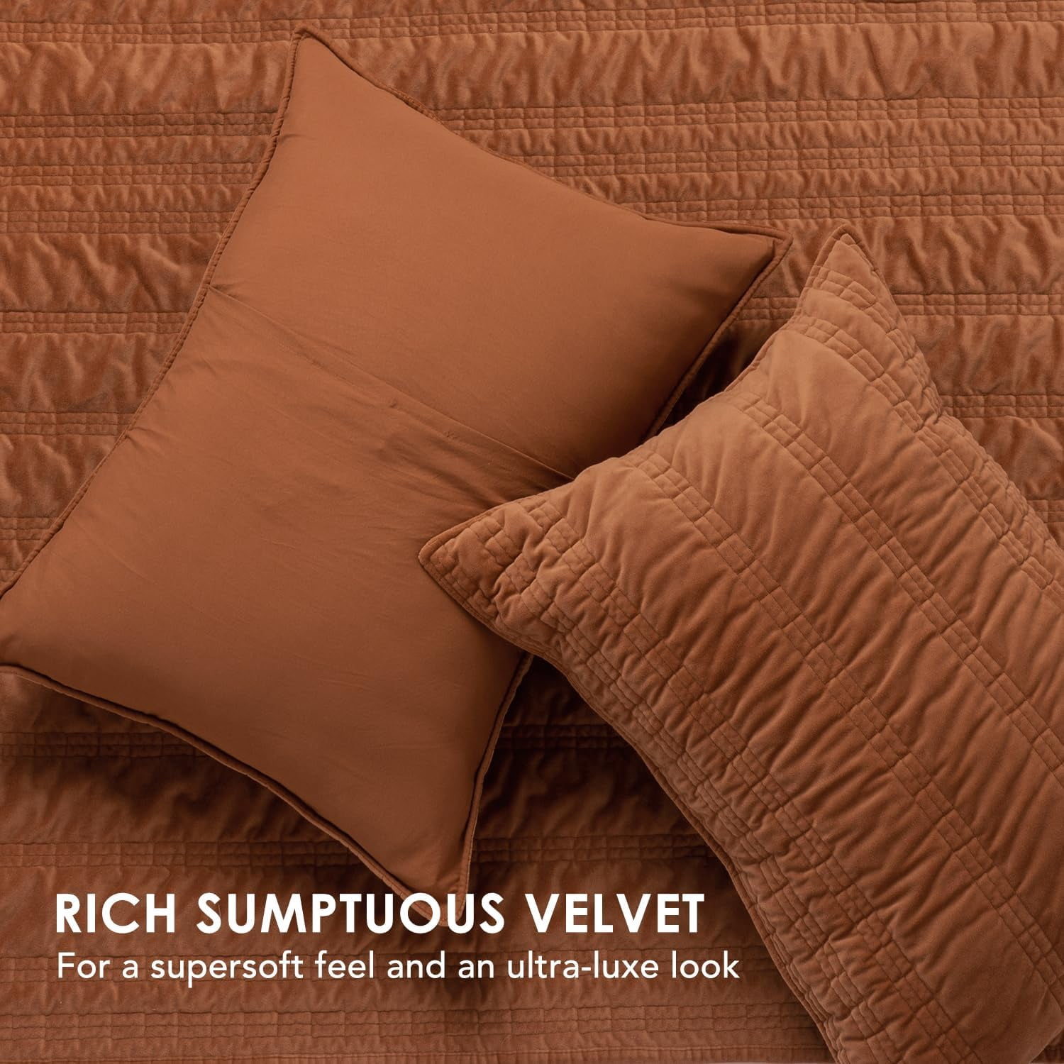 EVERGRACE Velvet Quilt Queen Size, Luxury Velvet Bedding Set, Ultra Soft Ruched Quilt Sets, Lightweight Comforter Vintage Textured Bedspread Coverlet with 2 Shams for All Season, Burnt Orange