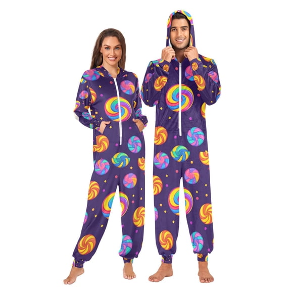 FORMRS Onesies Pajama for Adults Unisex Hoodie Winter Jumpsuit One Piece Sleepwear, Sizes S-2XL, Candy Carnival