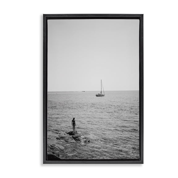 Stupell Industries Standing On Edge Seascape People Photography Black Floater Framed Canvas Art Print Wall Art, 17 x 25