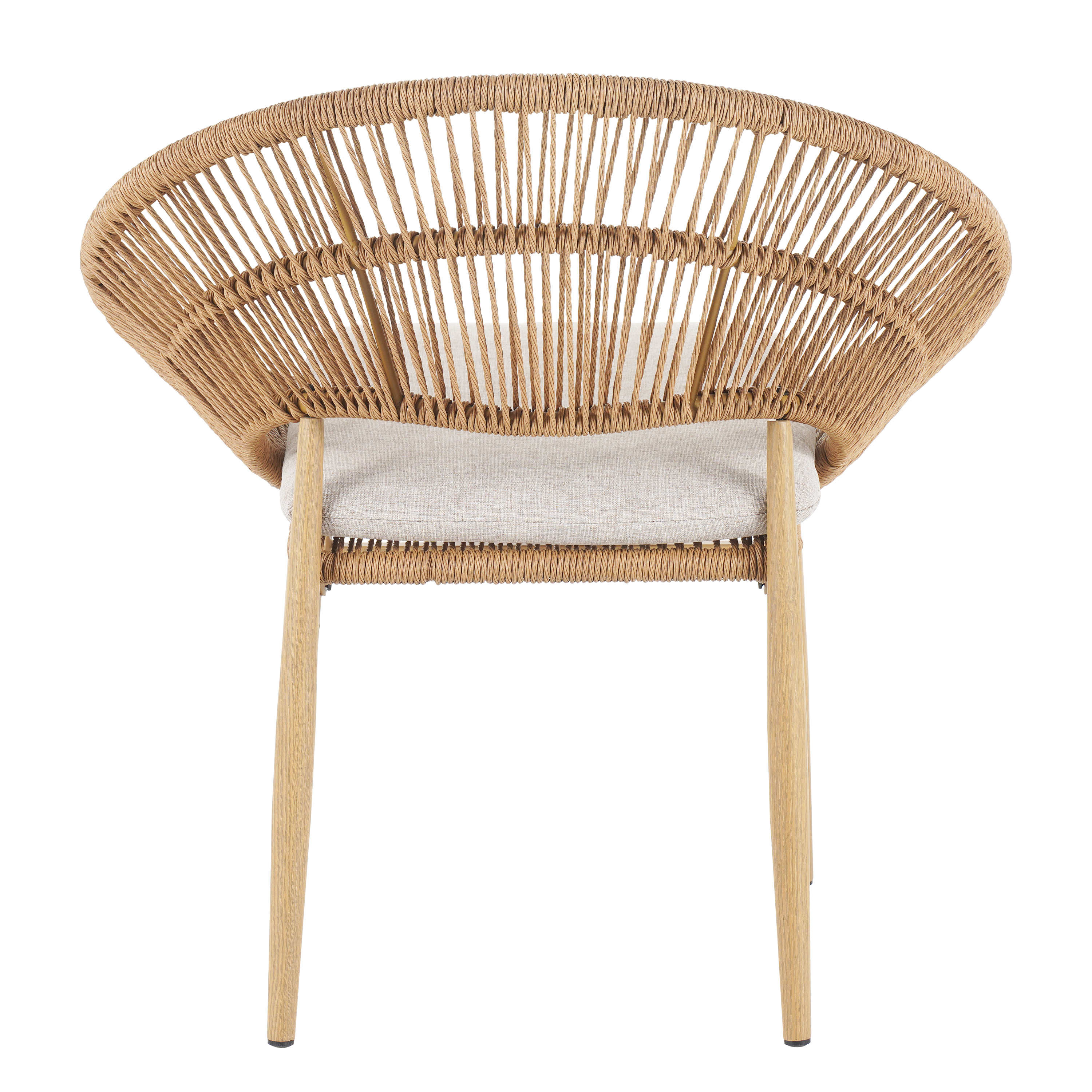 Dining Chairs, Set of 2 Outdoor Papasan Style Dining Chairs PE Wicker With Teak Finish Iron Legs And Beige Cushion, For Patio Dining, Light Brown Beige