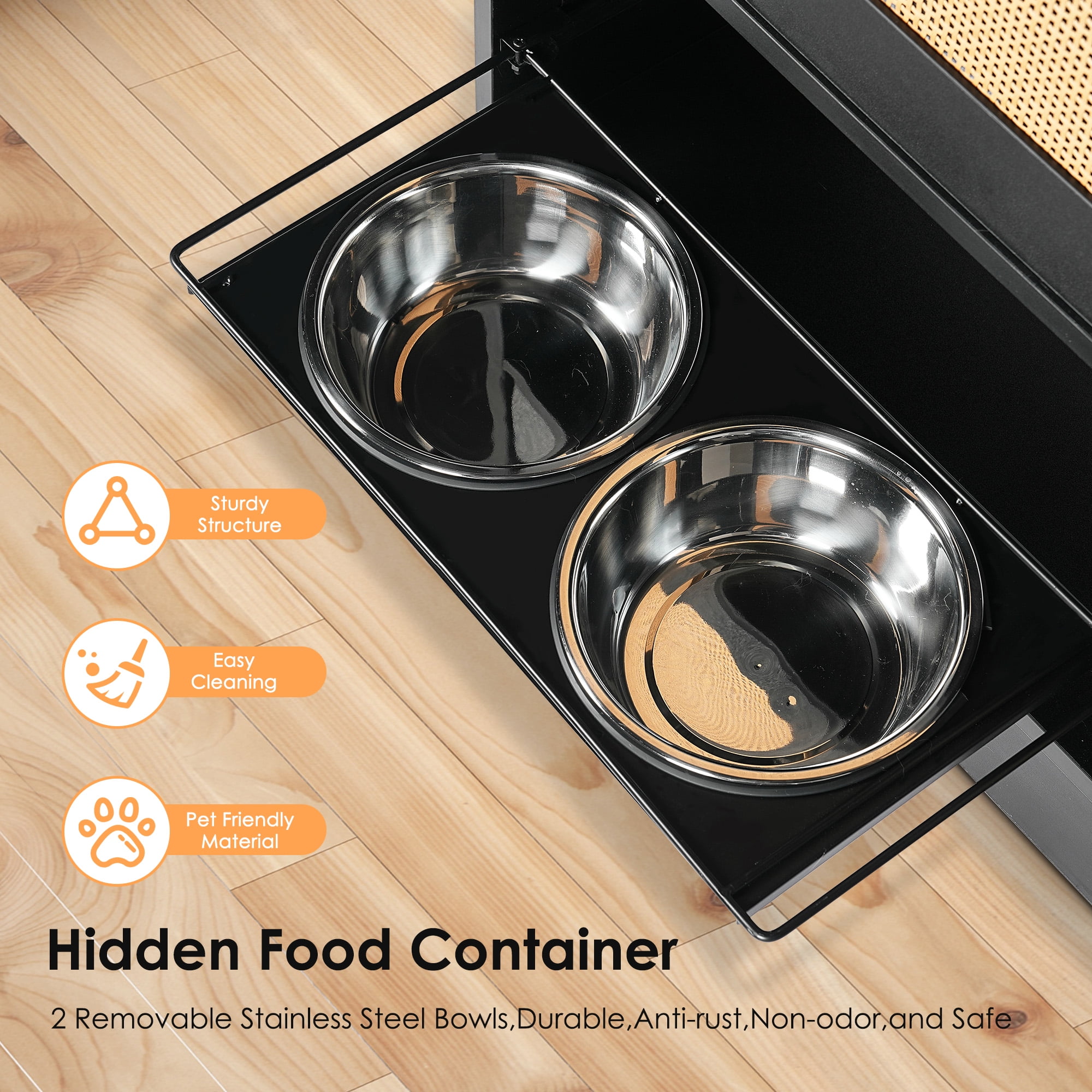 Pet Beds Feeding Station with 1 Storage Cabinets, Pet Feeding Station with 2 Elevated Dog Bowls, Side Hooks, Anti-tip Kit, Hidden Pet Feeder Station for Feeding & Watering, Black,Dog Beds