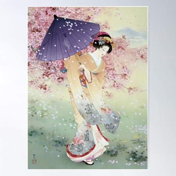 Pretty Japanese Woman With A Parasol And Pink Cherry Blossoms Poster Wall Art, Modern Wall Decor For Living Room Bedroom, 8x12 UNFRAMED