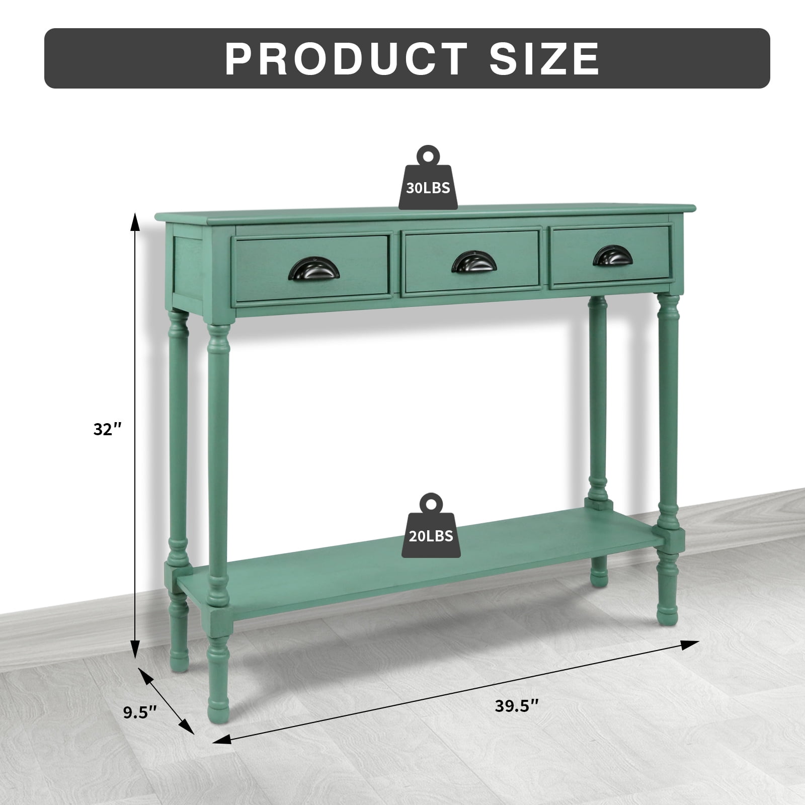 Urbanest Burlington Solid Wood Console Table with 3 Drawers Lower Shelf – Entryway Table, Hallway Sofa Table, Narrow Accent Table for Living Room – 39.5″ × 9.5″ × 32″ – Peacock Green Farmhouse Decor