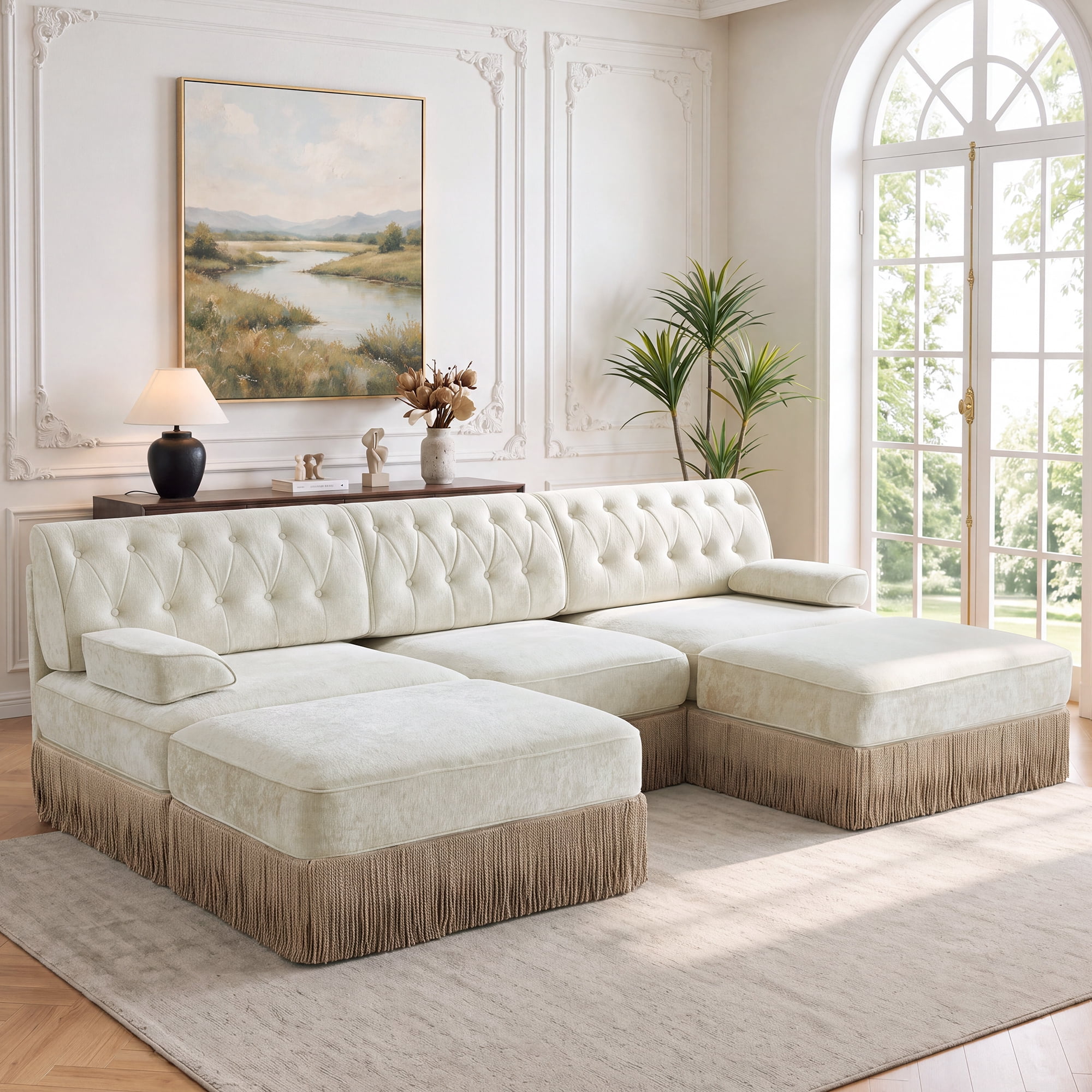 106" Chesterfield 3 Seater U-Shaped Modular Sectional Sofa Set with 2 Ottoman and Tassel Skirt, Easy to Assemble