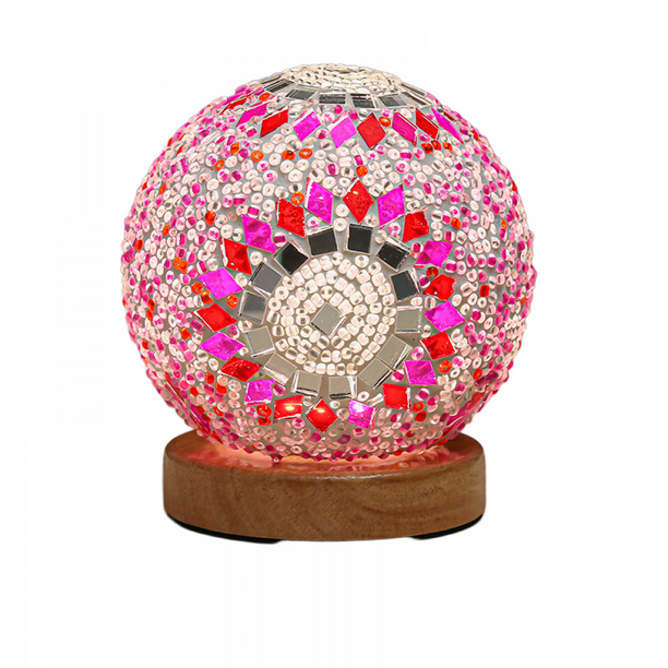 Mosaic Glass Ball Table Lamp, Rechargeable Ball Lamp With Wooden Base