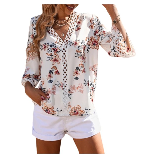 VISgogo Blusas informales para mujer, con estampado floral, manga 3/4, cuello en V, con retazos, blusas sueltas VISgogo moda