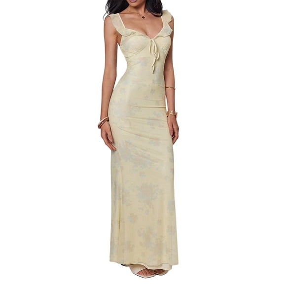 Women's Boho Floral Ruffle Mesh Maxi Dress Elegant Long Dresses Milky White XS