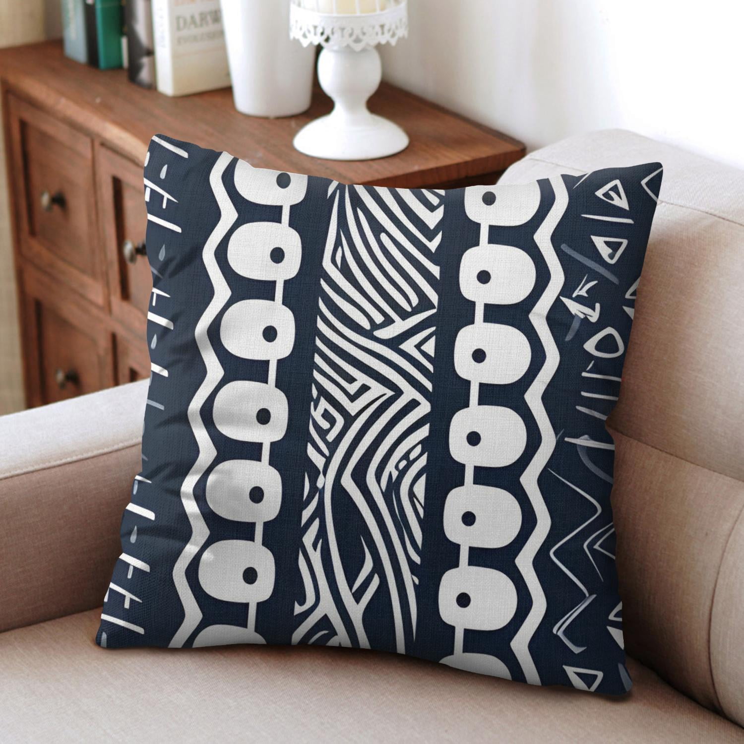 Blue Bohemian Geometric Lines Throw Pillow Covers 18"x18", Set Of 4, Linen Study Sofa Cushion Cover Indoor Living Room Home Decor