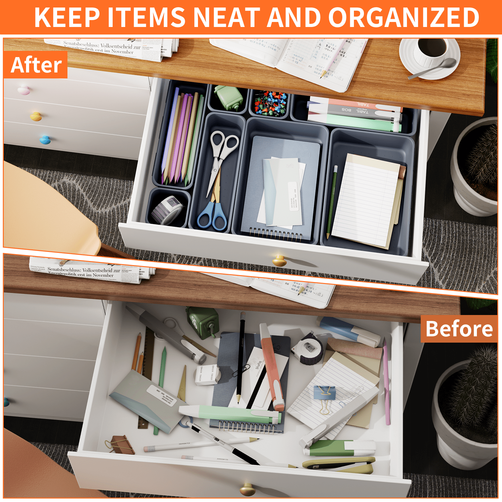 HAIDAIYA 45 Pack Plastic Drawer Organizer Trays, 3-Sizes Vanity and Desk Storage Bins, tool box Organizers for Makeup, Jewelry, Gadgets, Utensils, Grey