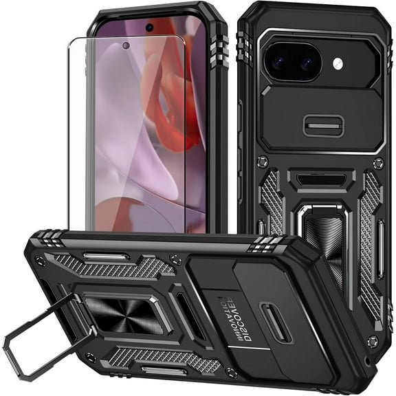 REQO for Google Pixel 9a Case with Screen Protector and with Camera Cover, 360°Military Grade Rotatable Kickstand (Heavy Duty) Shockproof Protective, Case for Google Pixel 9a