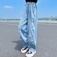 thumbnail image 5 of Girls' Spring Fall Denim Pants With Distressed Rips Kids' Dad Style Wide Leg Trousers Blue 14 Y-15 Y, 5 of 7
