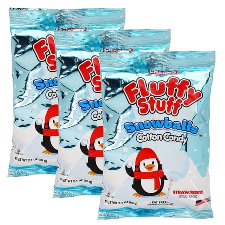 Fluffy Stuff Snowballs Strawberry Cotton Candy 2.1 oz for Home Kitchen Party Favors Treats Stocking Stuffers Christmas Holiday Winter Birthday Goodie Bags Basket Fillers Snack Gift Supplies Pack of 3