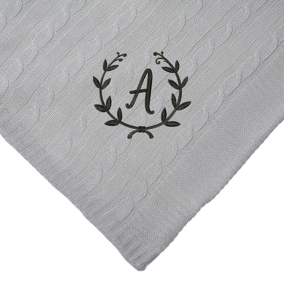 Personalization Mall Floral Wreath Initial Cable Knit Throw Blanket, Grey, 50"x60"