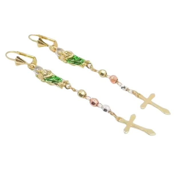 Aretes largos San Judas Tadeo, oro laminado 18k, con cruz