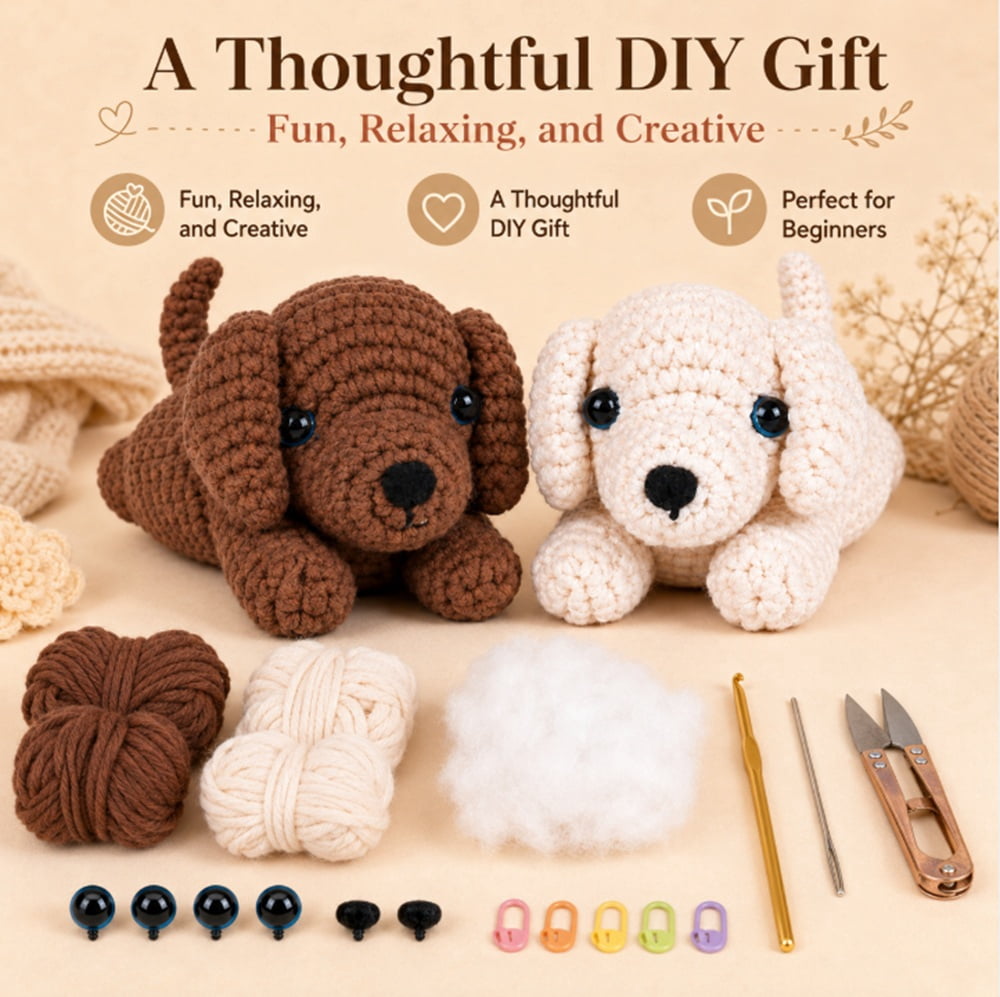 2 Pack Golden Retriever Crochet Kit for Beginners, Dog Amigurumi Starter Set with Step by Step Video Tutorial, TIKA