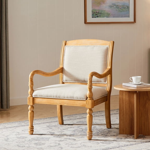 Euroco Mid-Century Modern Accent Chair,Upholstered Armchair with Solid Wood Frame,Comfy Fabric Reading Chair Lounge Chair for Living Room, Bedroom,Natural