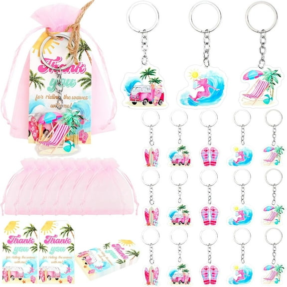 Surfing Party Favor, 72pcs Surfing Baby Shower Birthday Decorations with Surf Board Keychains Thank You Tags Pink Organza Bags for Summer Sunshine The Big One First Birthday Party