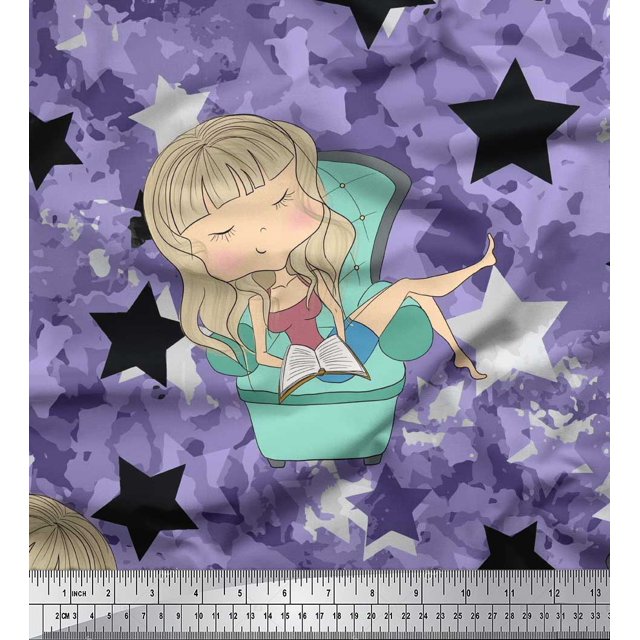 Soimoi Poly Georgette Fabric Star,Cloud & Sleepy Girl Print Fabric by Yard 42 Inch Wide