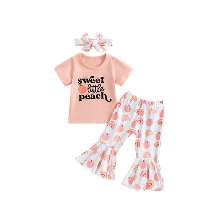

Kids Baby Girls Summer Outfits Set Short Sleeve Letters T-shirt with Peach Print Flare Pants Headband Clothes