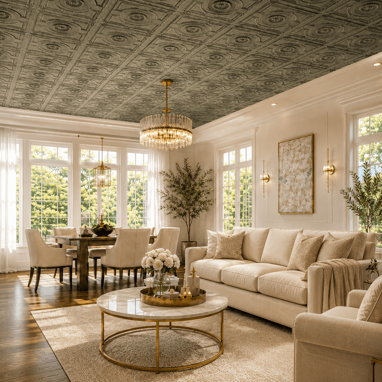 Yeslife 12-Pack Decorative Tiles, 2 x 2 ft, Antique Gold Embossed, Waterproof Drop-in Panels for Ceiling, 48 sq ft