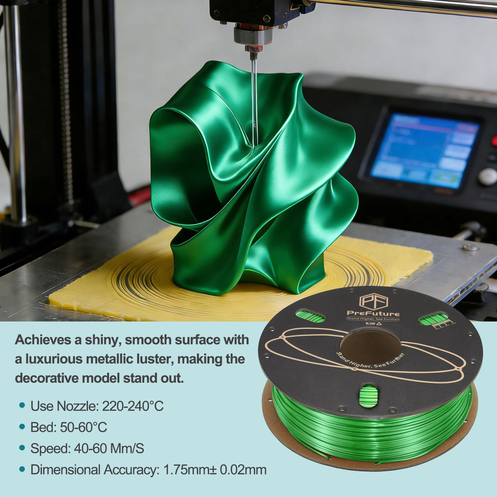Uxcell Silk PLA Filament 1.75mm 1KG/2.2LB High Shine 3D Printer Filament, Enhanced Toughness, Dimensional Accuracy +/- 0.02mm for 3D Printer, Green