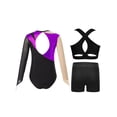 thumbnail image 2 of Miutii Kids Girls Gymnastics Leotards Shiny Rhinestones Mesh Back Keyhole Unitards Jumpsuits with Crop Tops Shorts Purple 16, 2 of 5