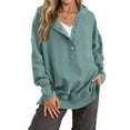 thumbnail image 2 of Women'S Oversized Long Sleeve Hoodie Button-Down V-Neck Sweatshirt Side Slit Casual Pullover Top Peacock Green M, 2 of 9