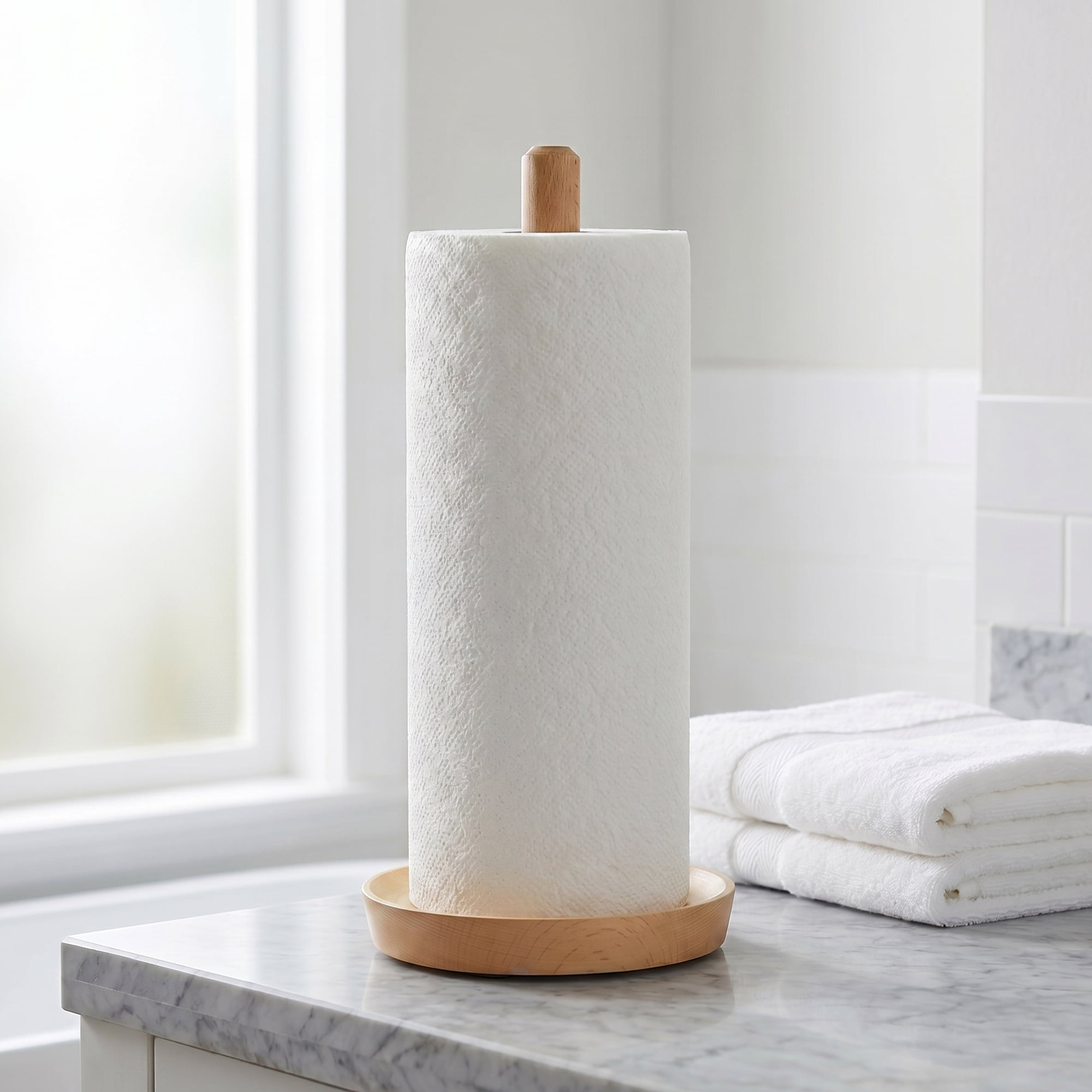 Unique Bargains Paper Towel Holder Countertop Non-Slip Base Wood Light brown B 12x5.9inch