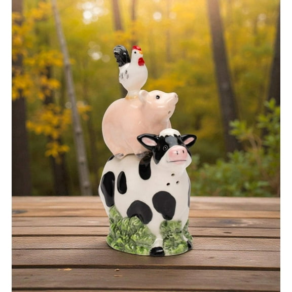 Ceramic Magnetic Stacked Farm Animals Salt and Pepper Shakers, Country Farm House Kitchen Decor, Gift for Her