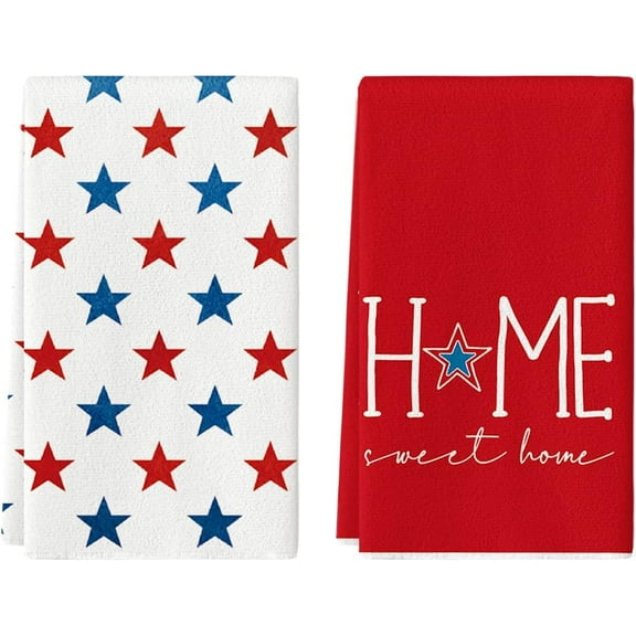 Red Stars Home Sweet Home Patriotic 4th of July Kitchen Towels Dish Towels, Memorial Day 18x26 Inch Seasonal Decoration Hand Towels Set of 2