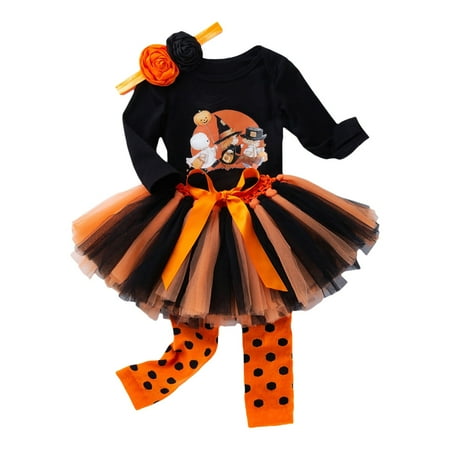 

Otqutp Baby Beach Outfits Set Halloween Girls Long Sleeve Witch Print Top Color Skirt Polka Dot Pantyhose Headband Set 0 To 24 Months Cute 2024 Fall Outfits