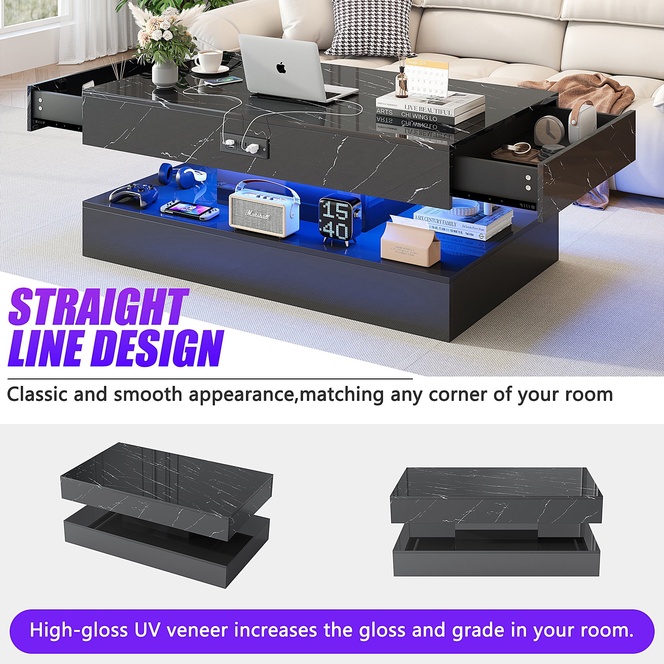 SESSLIFE Large Black LED Coffee Table with 2 Storage Drawers, Charging Station, Modern High Gloss Coffee Table w/LED Lights/APP Control, 2 Tiers Rectangle Living Room Furniture w/Marbling Print 47.2"