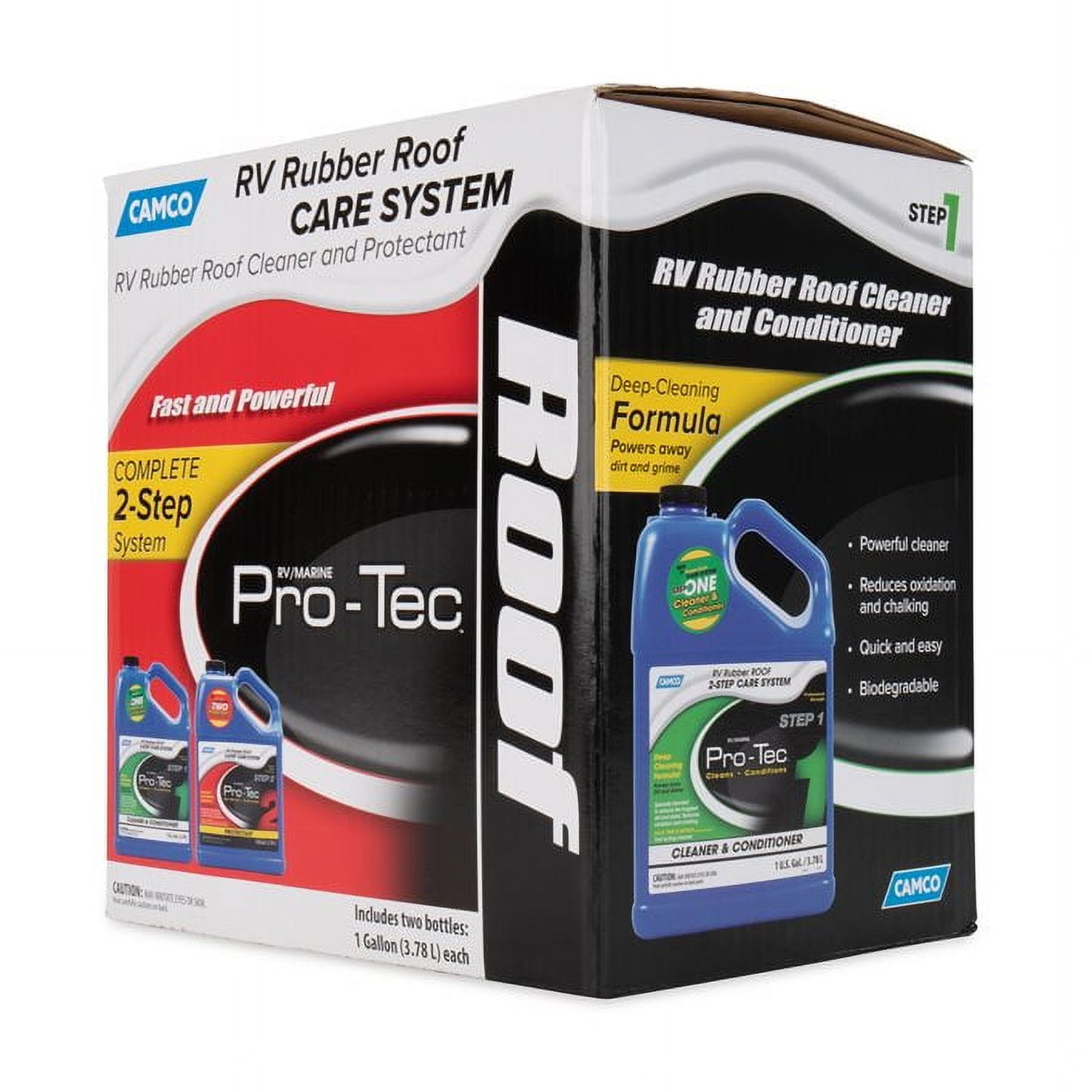Camco Pro-Tec Camper/RV Rubber Roof Care System | Two Step Treatment Rids Dirt/Grime & Reduces Roof Chalking | Extends the Life of RV & Trailer Rubber Roofs - 2 Gallons (41453)