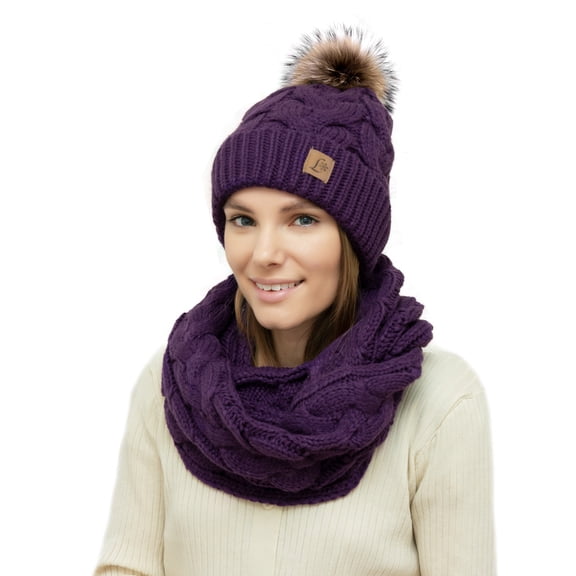 Lelaffet Women Hat Scarf Set Pom Beanie Girls Cute Winter Ski Hat Slouchy Knit Cap with Fleece Lined Purple