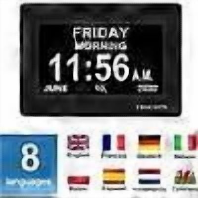 Digital clock with date and week, calendar with day of the week display (7 inches Black)