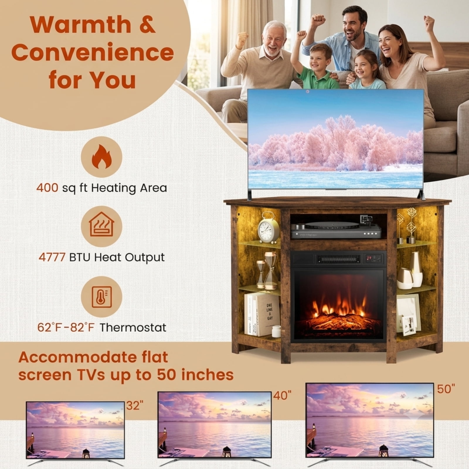 Furnibear Fireplace Corner TV Stand Entertainment Center with LED Lights and Smart App Control for 50 Inch TV Media Storage, Rustic Brown