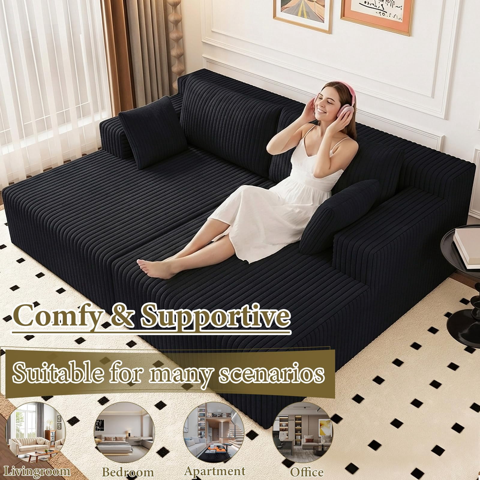Aukfa 71" Oversized Double Chaise Lounge Indoor, Modular Boneless Cloud Couch Sleeper Loveseat, Deep Seat Corduroy Sofa Bed, No Assembly Required for Living Room Bedroom, Black